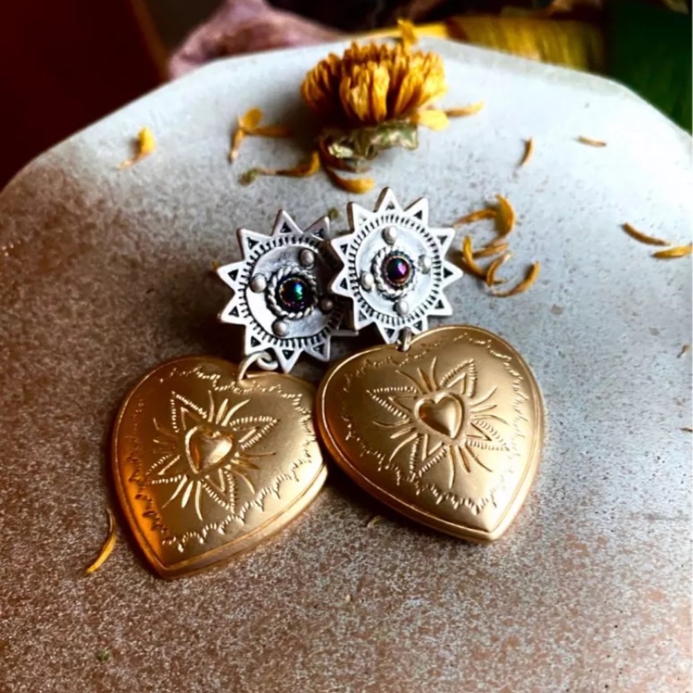 Sun Star Heart Drop Etched Earrings